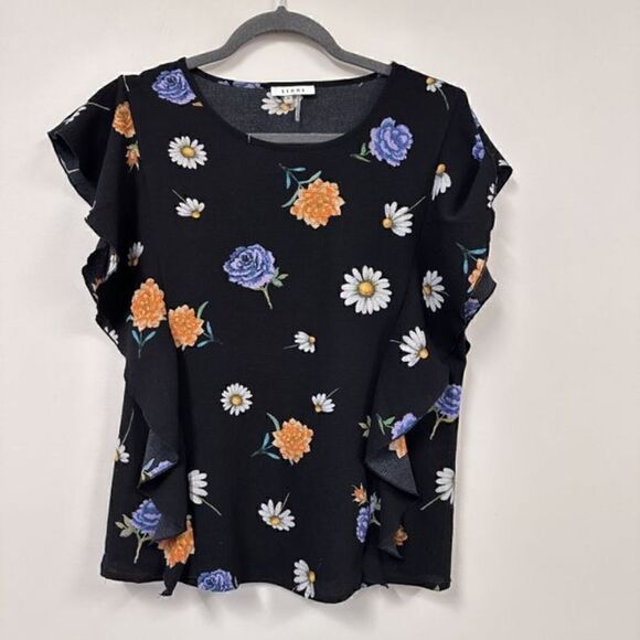 Sioni Tops - Sioni Floral Flutter Sleeve Black Blouse S